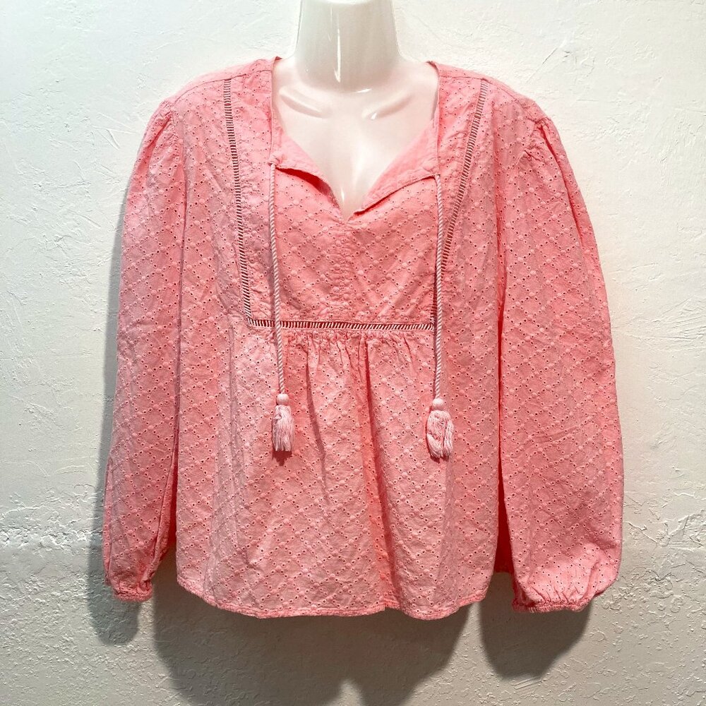 Style &Co Embroidered Top Long Sleeve Peasant Eyelet Tassel Pink Textured XL
